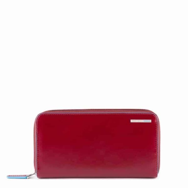 Portafoglio donna Piquadro 4 soffietti con zip in pelle Blu Square rosso